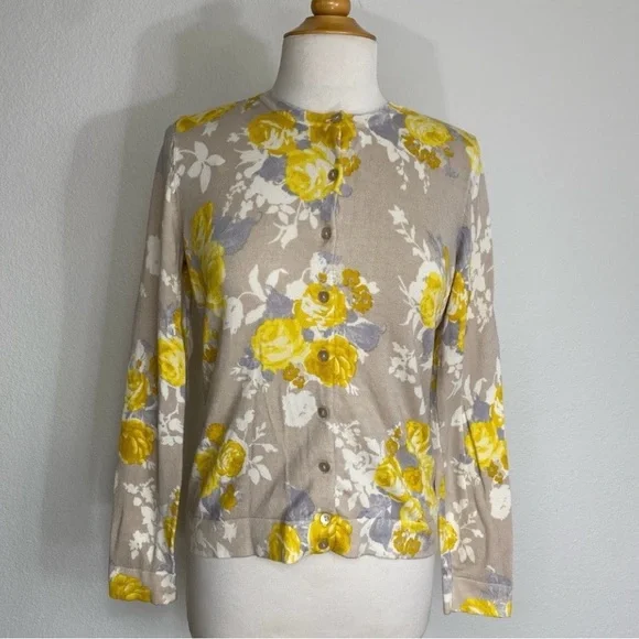 Charter Club Women's Tan Golden Watercolor Floral Soft Button Cardigan Size M - Picture 1 of 15